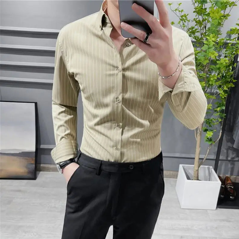 British Style Striped Shirts Mens Long Sleeve Business Formal Dress Shirt Casual Slim Fit Shirt Streetwear Social Party Clothing