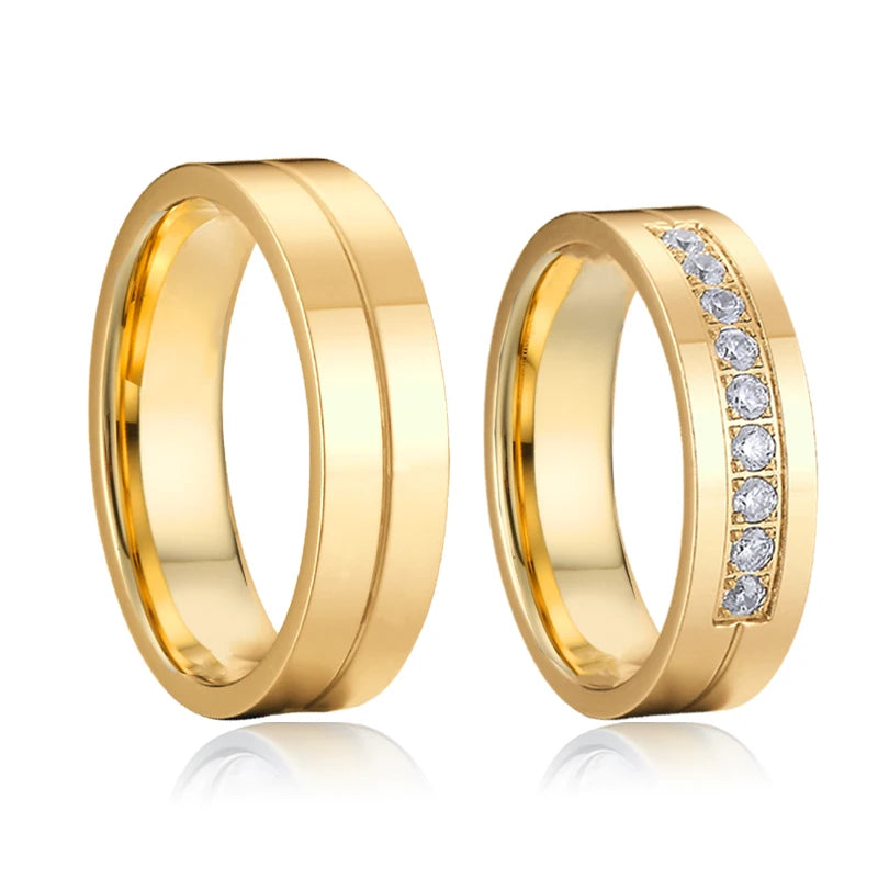 Wedding Rings Couple Sets for Men and Women Lovers Alliance Shiny 1 Pair 14K Gold Plated Stainless Steel Jewelry Marriage Ring