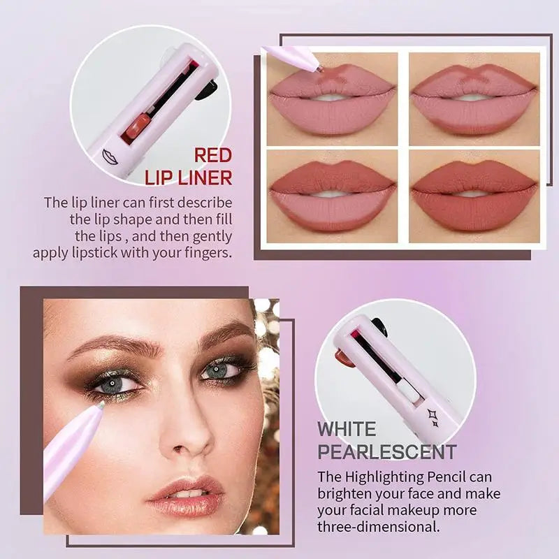 4 in 1 Makeup Pen Waterproof Cosmetic Pencil 4 Color Multi-Function Makeup Beauty Pen for Eyeliner Brow Lip Liner Highlighter