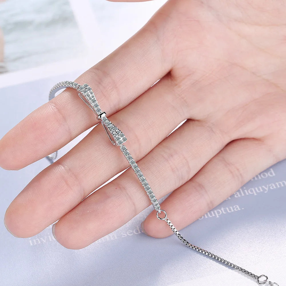 Hot Sale Fashion Silver Color Bracelet Chain Bownot Inlaid Zircon Plata Pendant Bracelet Chain for Women'S Wedding Jewelry Gift