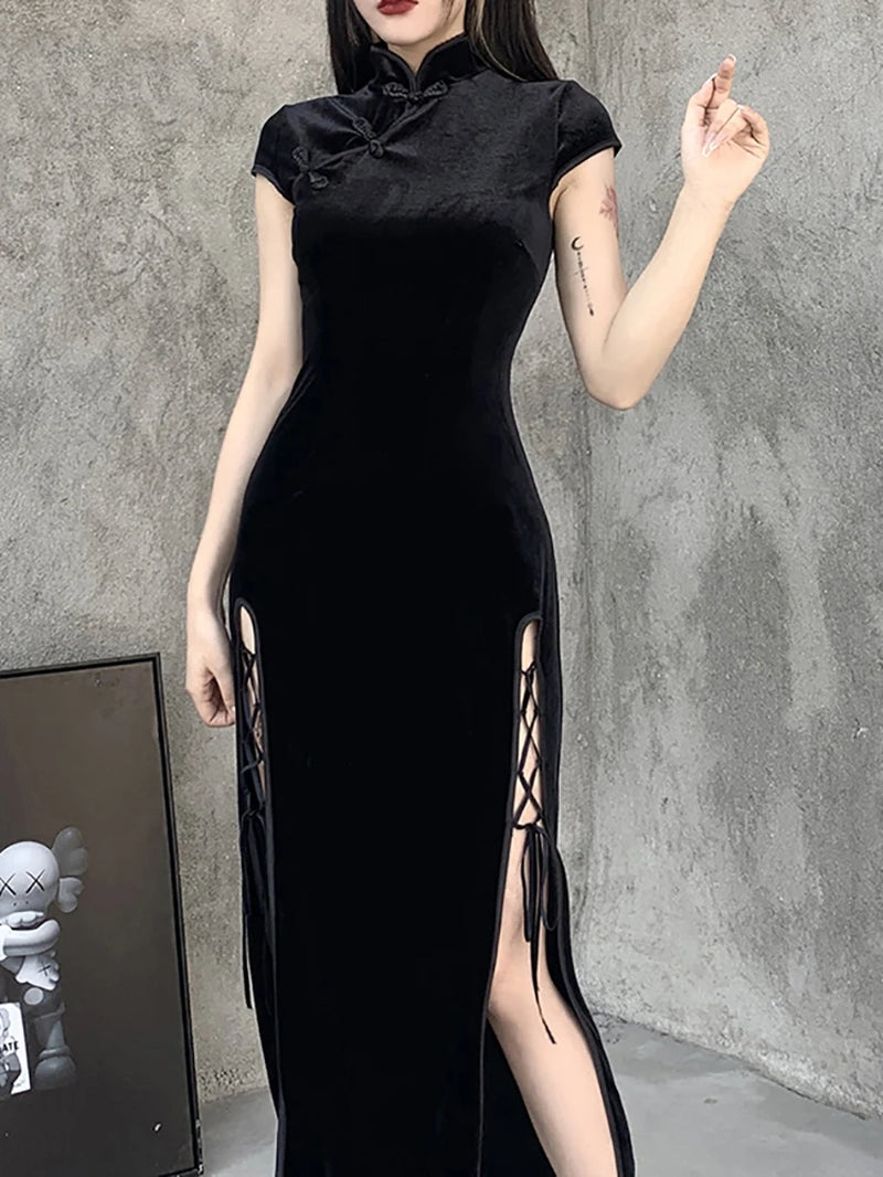 Romantic Gothic Velvet Aesthetic Dresses Vintage Women Black Bandage Slithem Bodycon Dress Sexy Evening Wear Cheongsam