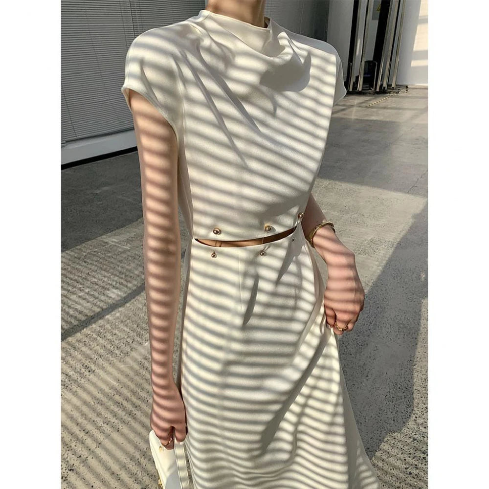 High-End Dress Summer French Gentle Fairy Dress Fashion Slim Elegant Dress Detachable Bead Buckle Waist Long Dress