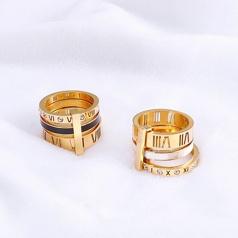 Trendy Shell Stainless Steel Rings for Women Girls Three Layers Roman Numerals Rhinestone Bridal Wedding Women Rings Jewelry