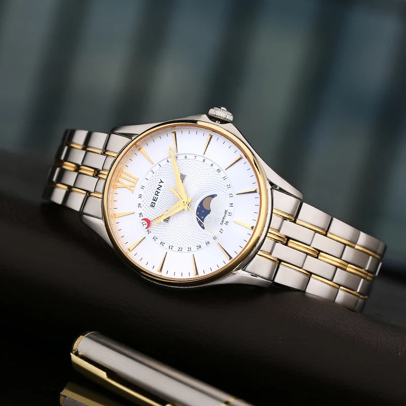 Men Watch Luxury Stainless Steel Moon Phase Wristwatch Waterproof Sports Simple Dial Calendar Miyota Quartz Watches for Men 2022