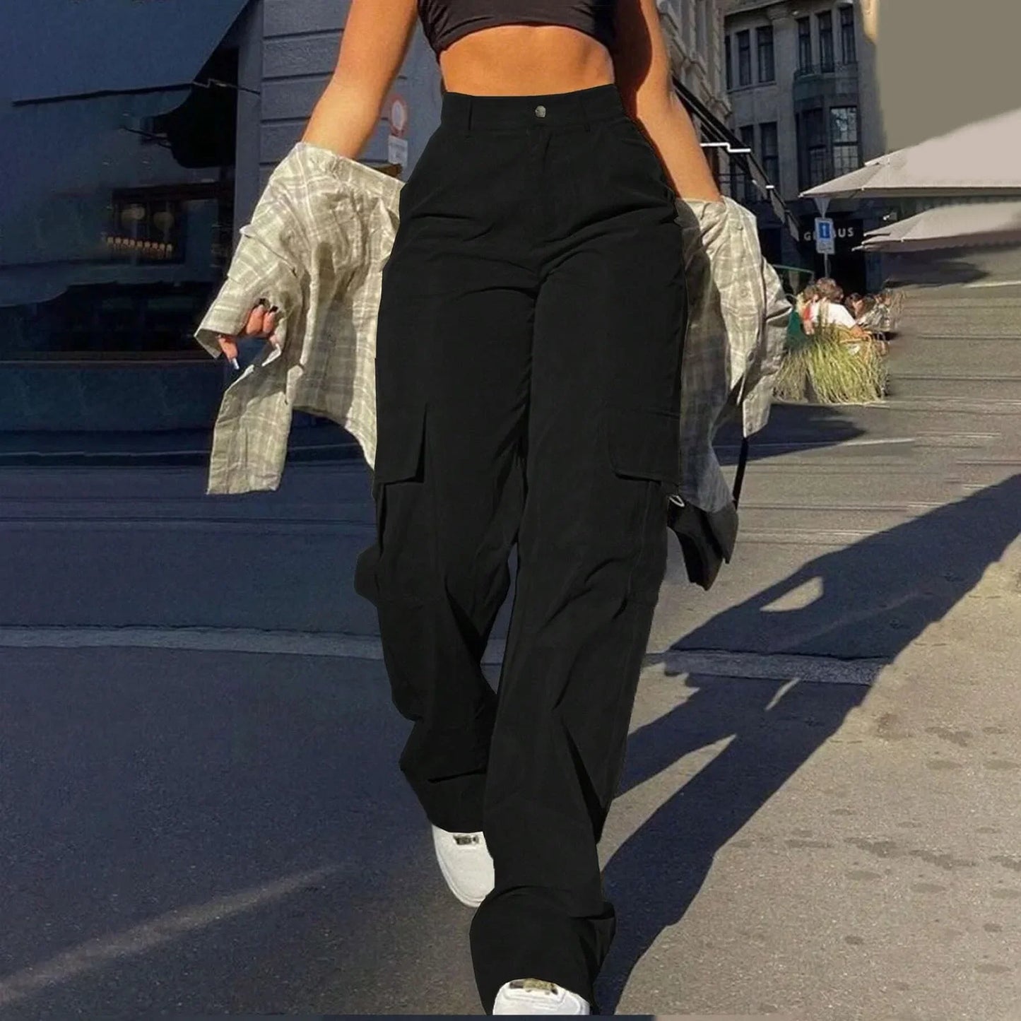 2024 Trendy Women Wide Leg Cargo Pants Street Vibes Flap Pockets Drawstring Ruched High Waist Parachute Women Pants