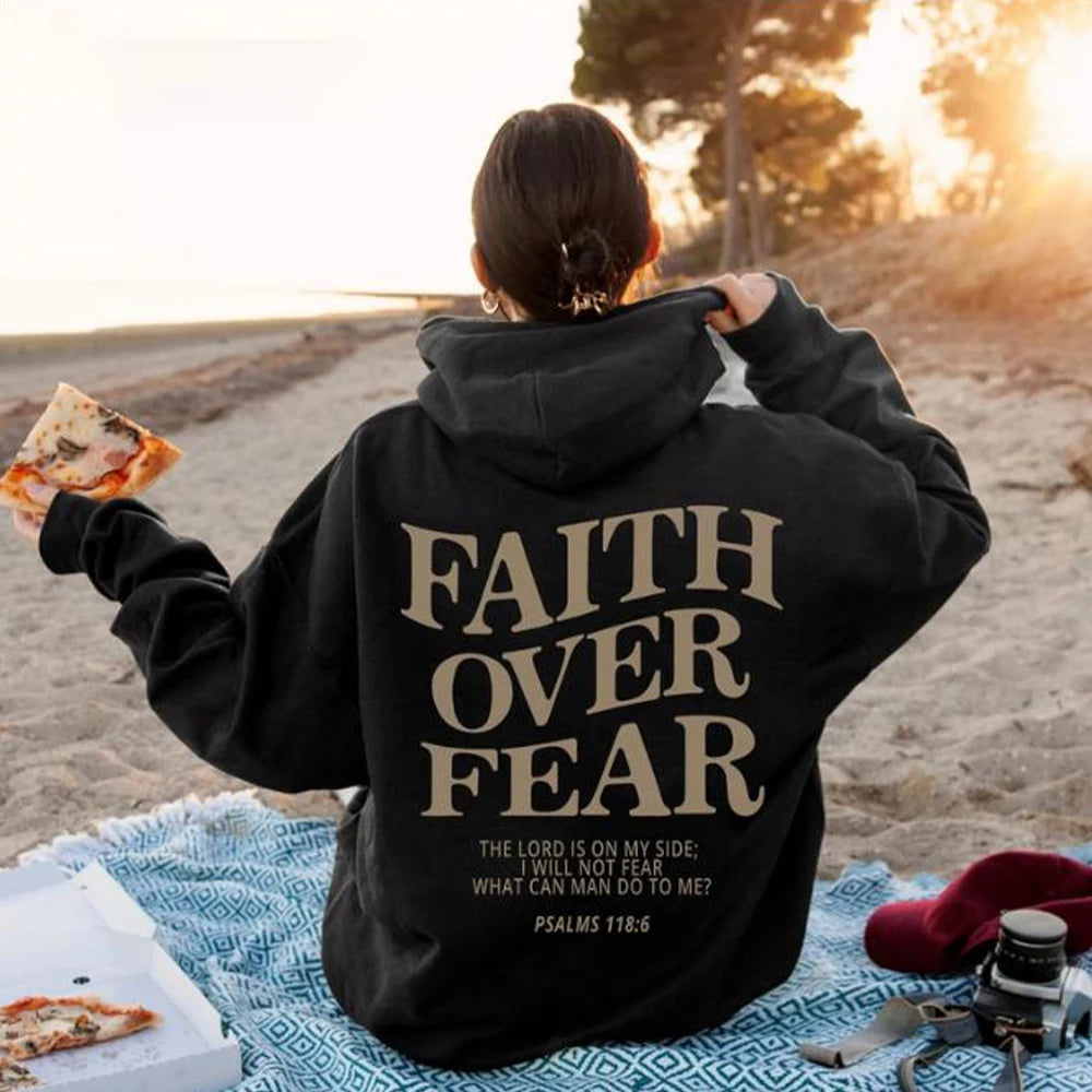 Faith over Fear Christian Hoodie for Woman Christian Sweatshirt Jesus Sweatshirt Cotton Female Pullover Bible Verse Clothes