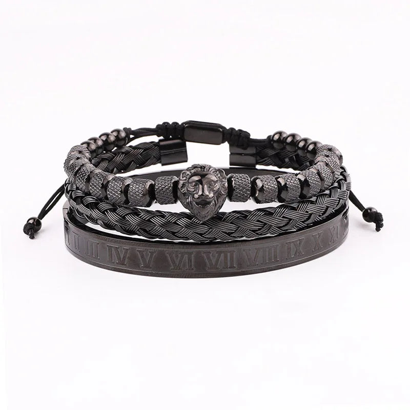 High Quality Luxury Stainless Steel Roman Bangle Lion Charm Men Jewelry Handmade Braided Macrame Bracelets Male Gift