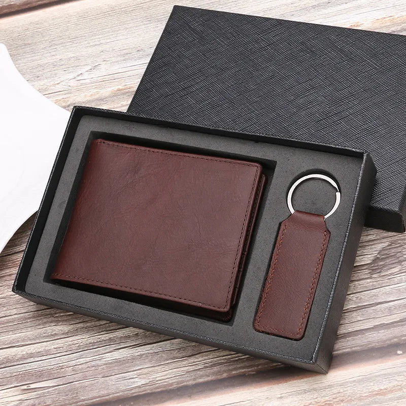 Hot Selling Customized Letters Genuine Leather Men Wallet Bifold Money Wallet Purse Keychain Gift Set with Box