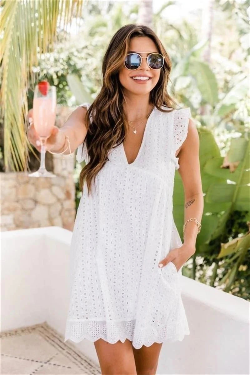 2023 California Romper V-Neck Summer Short Sleeve Lace Dress Hollow Casual Dress Women Party Dresses Ladies Summer Dress Women