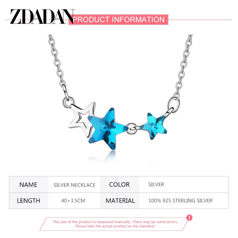 925 Sterling Silver Star Blue Crystal Necklace Chain for Women Fashion Wedding Jewelry