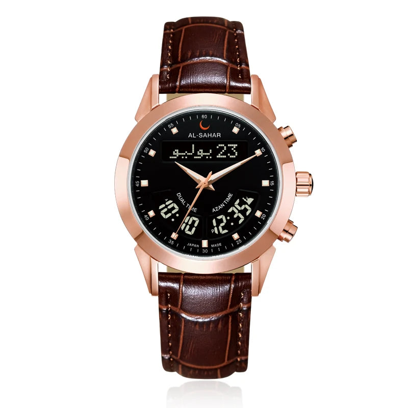 Luxury Muslim Rose Gold Azan Watch with Prayer Reminder Athan Auto-Qibla Digital Dual Time Clock Leather Strap AS-P012RBL/RWL