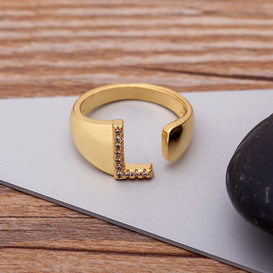 New Fashion A-Z Letter Gold Color Metal Adjustable Opening Ring Initials Name for Women Finger Rings Party Crystal Jewelry