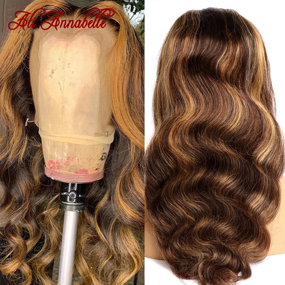 Honey Blonde Highlight Wigs Ombre Brown Body Wave Human Hair Wigs Ali Annabelle 4X4 Closure 13X4 Lace Frontal Human Hair Wigs