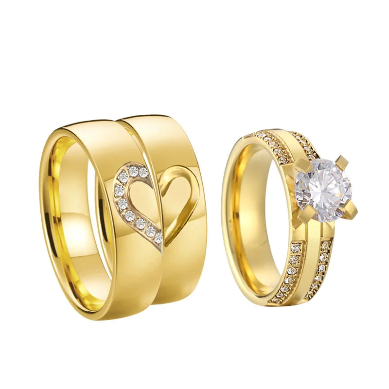 Proposal Wedding Engagement Rings Set for Men and Women Golden Heart Lovers Alliance 3Pcs Promise Couple Ring Marriage