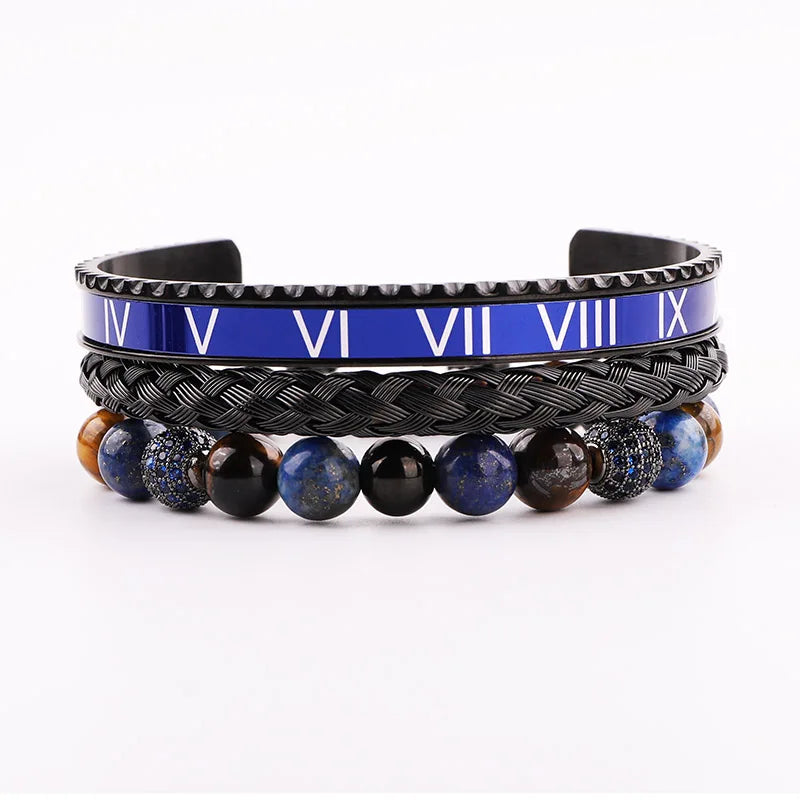 High Quality Men Jewelry 18K Gold Plating Stainless Steel Blue Roman Bangle Tiger Eye Stone Macrame Bracelet Set