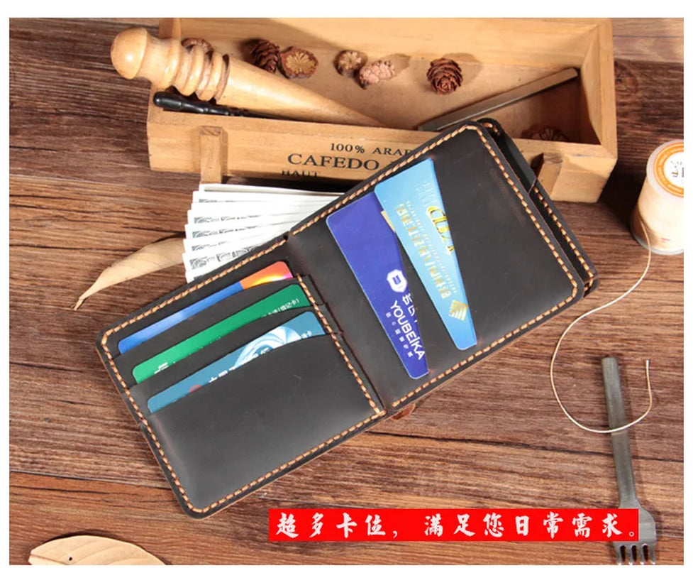 Handmade Vintage Crazy Horse Genuine Leather Wallet Men Purse Leather Men Wallet Short Style Male Money Holder Coin Bag WF206