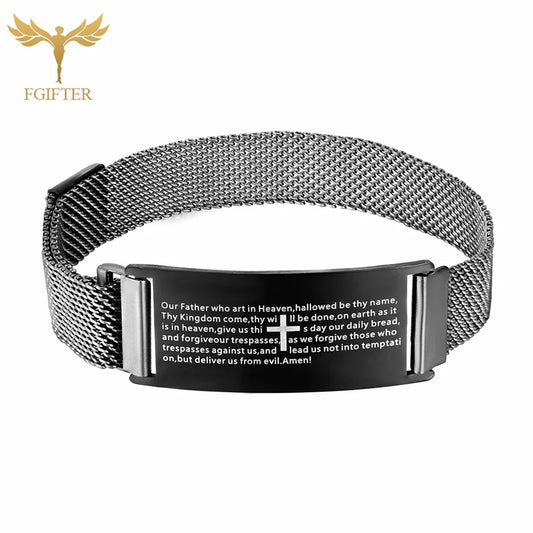 Christian Cross Bracelets with Bible Letter Words Stainless Steel Magnetic Cuff Belt Bracelet for Men Religion Faith Jewelry