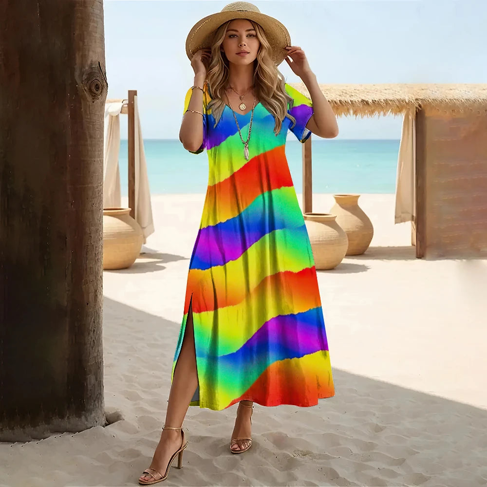 Gradient Color Printed Women'S Split V Neck Long Dress Casual Summer＆Spring Dress Streetwear Holiday Short Sleeve Dresses 2024