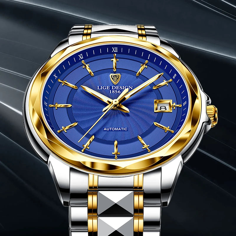 New Mechanical Watch Men Personality Gold Fashion Tungsten Steel Business Men Watch 50M Waterproof Automatic Watch Man+Box