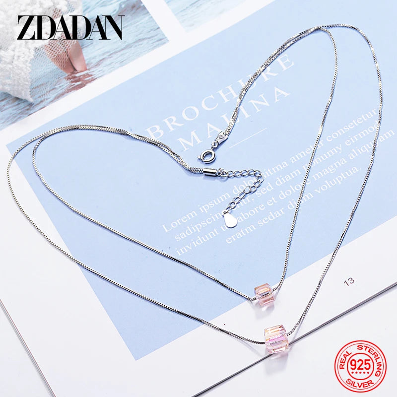 925 Sterling Silver Square Crystal Necklaces for Women Fashion Wedding Jewelry Gift