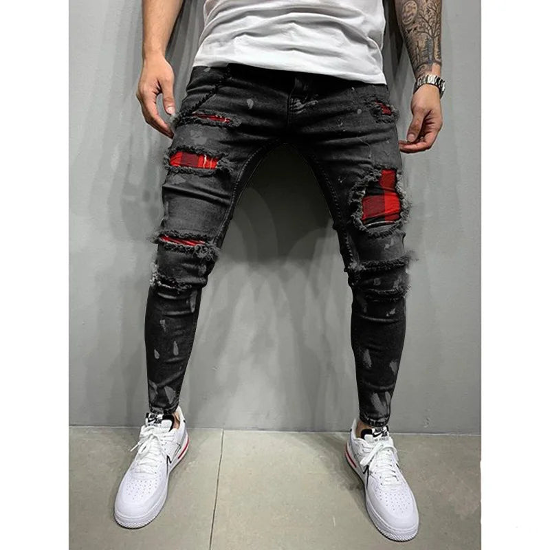 Fashion Street Style Ripped Skinny Jeans Men Vintage Wash Solid Denim Trouser Mens Casual Slim Fit Pencil Denim Pants Hot Sale