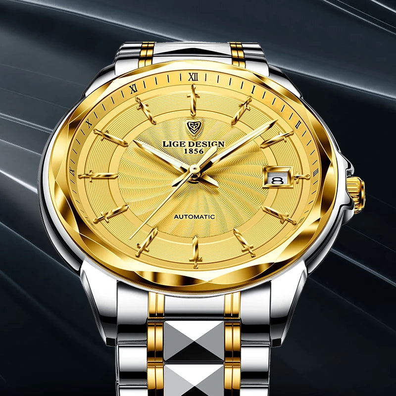 New Mechanical Watch Men Personality Gold Fashion Tungsten Steel Business Men Watch 50M Waterproof Automatic Watch Man+Box