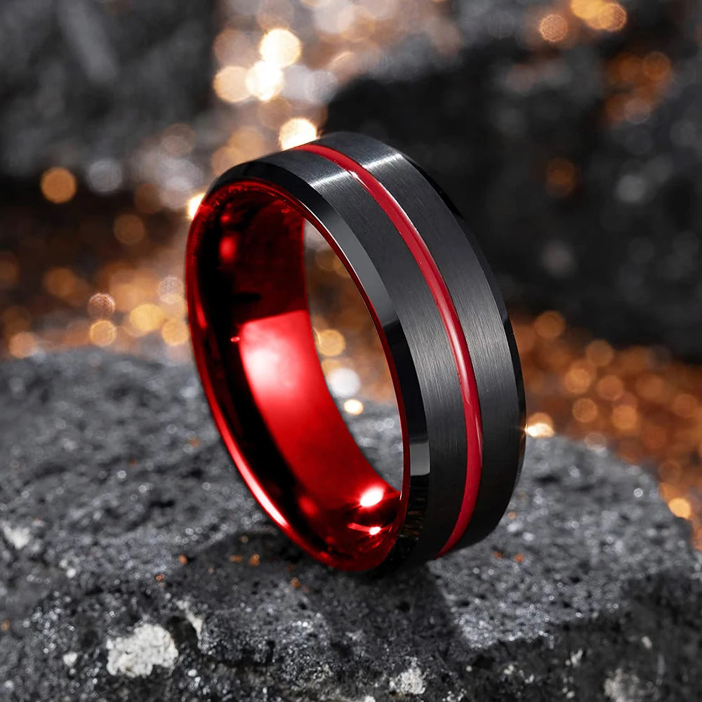 2021 Classic 8Mm Men'S Red Groove Beveled Edge Black Tungsten Men Wedding Rings Black Brushed Male Bridal Engagement Ring