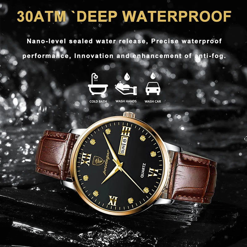 POEDAGAR Newest Waterproof Men Watch Casual Leather Strap Luminous Luxury Watches for Man Date Week Display Sports Quartz Clocks