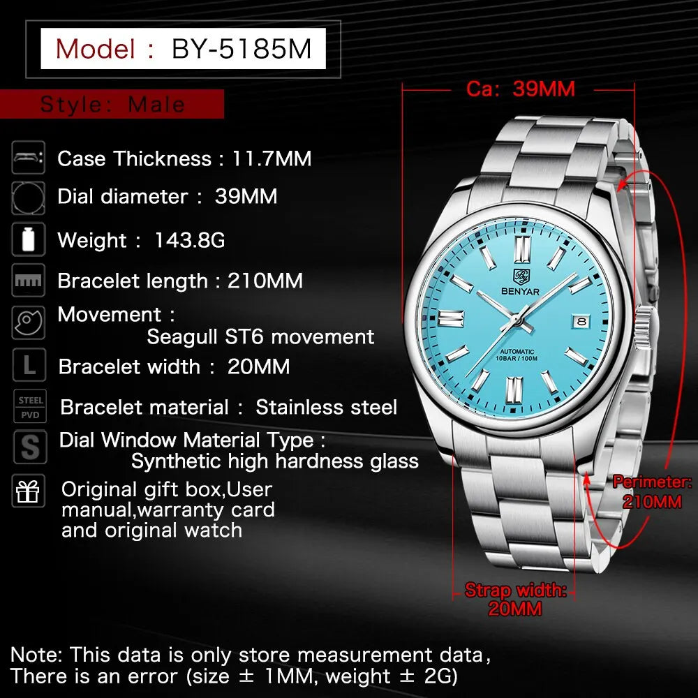 2024  New Luxury Men Mechanical Wristwatches 10Bar Waterproof Automatic Watch Stainless Steel Sports Diving Watch for Men