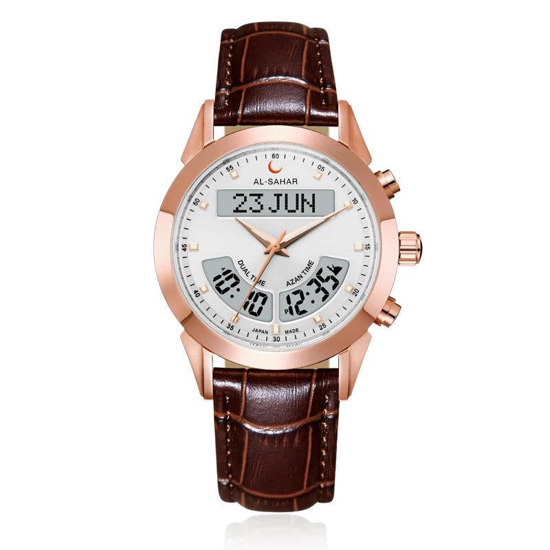 Luxury Muslim Rose Gold Azan Watch with Prayer Reminder Athan Auto-Qibla Digital Dual Time Clock Leather Strap AS-P012RBL/RWL