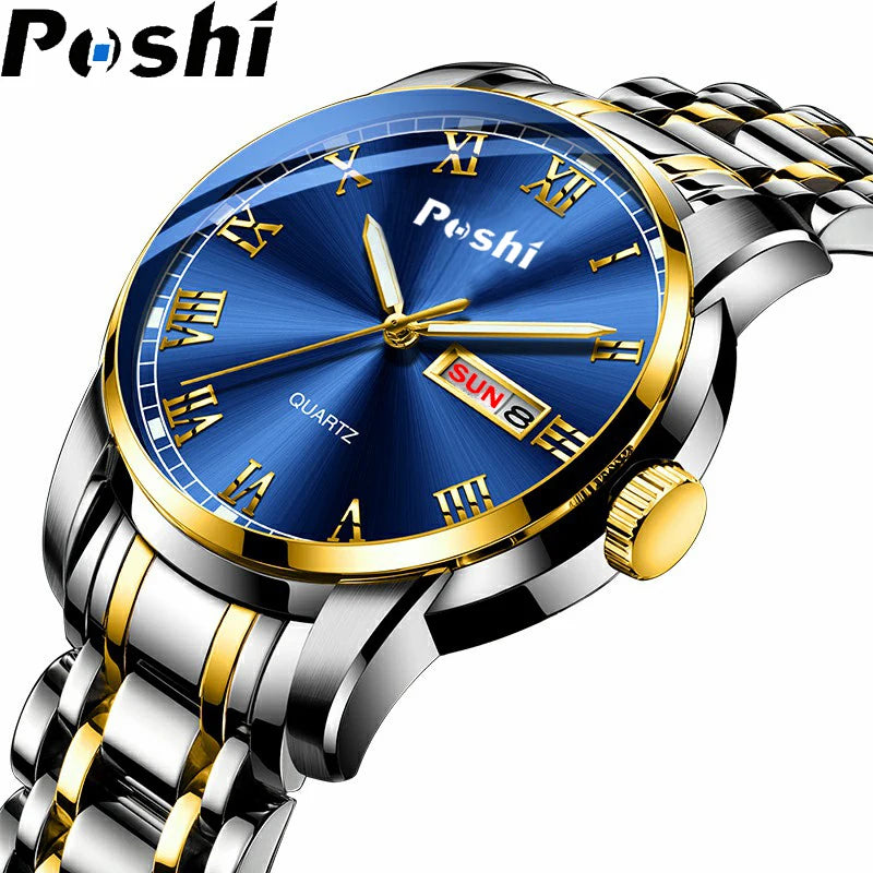 Men Watch Stainless Steel Top Quality Luxury Push Button Hidden Clasp Waterproof Luminous Date Week Sport Wrist Watches