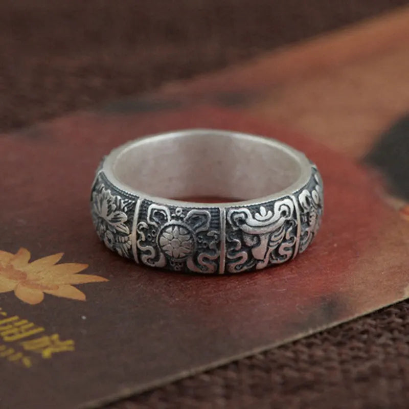 990 Silver Ring for Men Jewelry 100% Original Pure S990 Silver Sterling Ring Buddaha Good Luck Buddhist Eight Auspiciousness