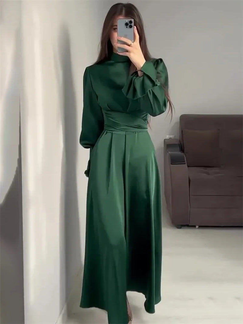 Ruffled Bandage Elegant Maxi Dress for Women Patchwork Slim Lace-Up Solid Vintage Evening Partywear Ladies Long Dress 2024