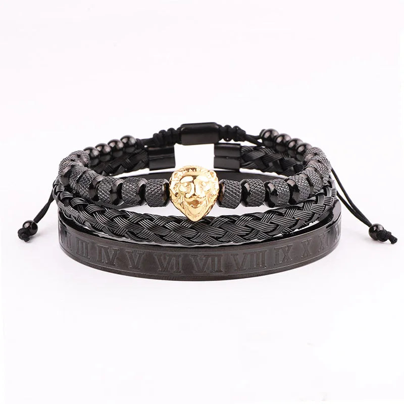 High Quality Luxury Stainless Steel Roman Bangle Lion Charm Men Jewelry Handmade Braided Macrame Bracelets Male Gift