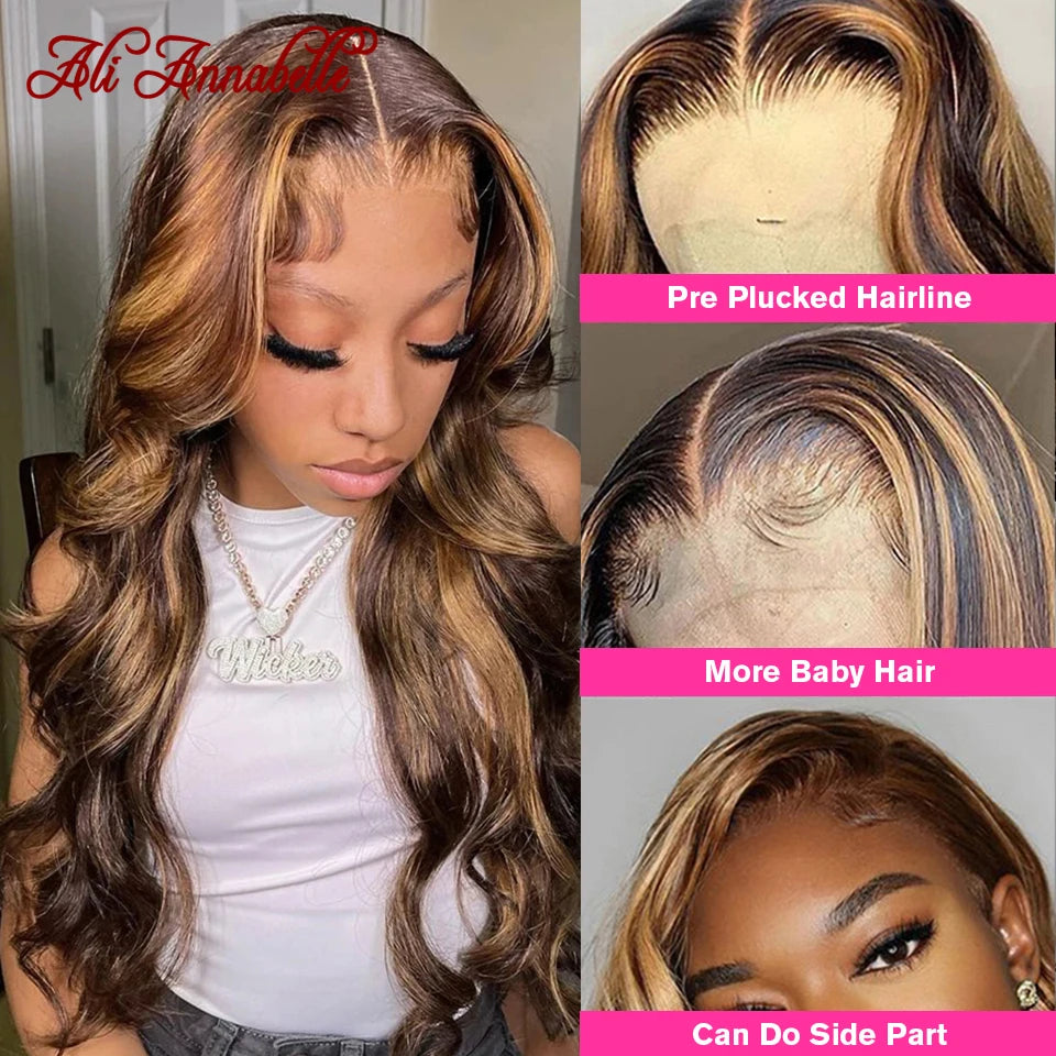 Honey Blonde Highlight Wigs Ombre Brown Body Wave Human Hair Wigs Ali Annabelle 4X4 Closure 13X4 Lace Frontal Human Hair Wigs