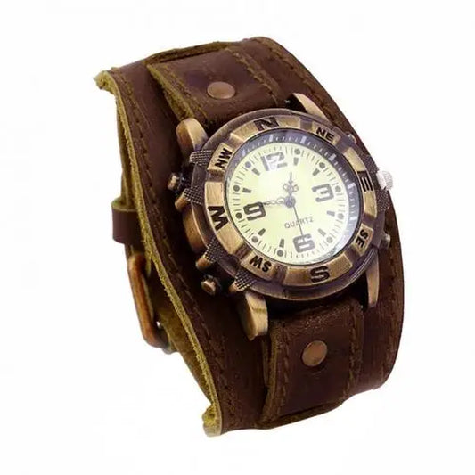 Vintage Women Men Punk Faux Leather round Dial Quartz Bracelet Wrist Watches