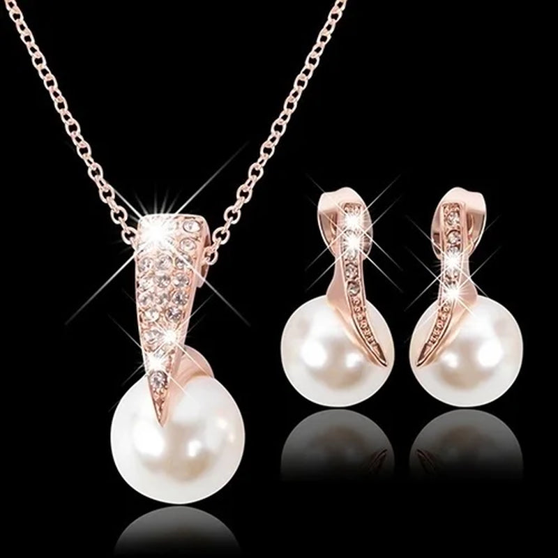 3Pcs Women Trendy Pearl Earrings Necklace Jewelry Set Superior Quality Rhinestones Bride Party Earring