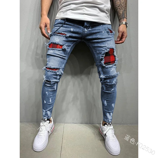 Fashion Street Style Ripped Skinny Jeans Men Vintage Wash Solid Denim Trouser Mens Casual Slim Fit Pencil Denim Pants Hot Sale