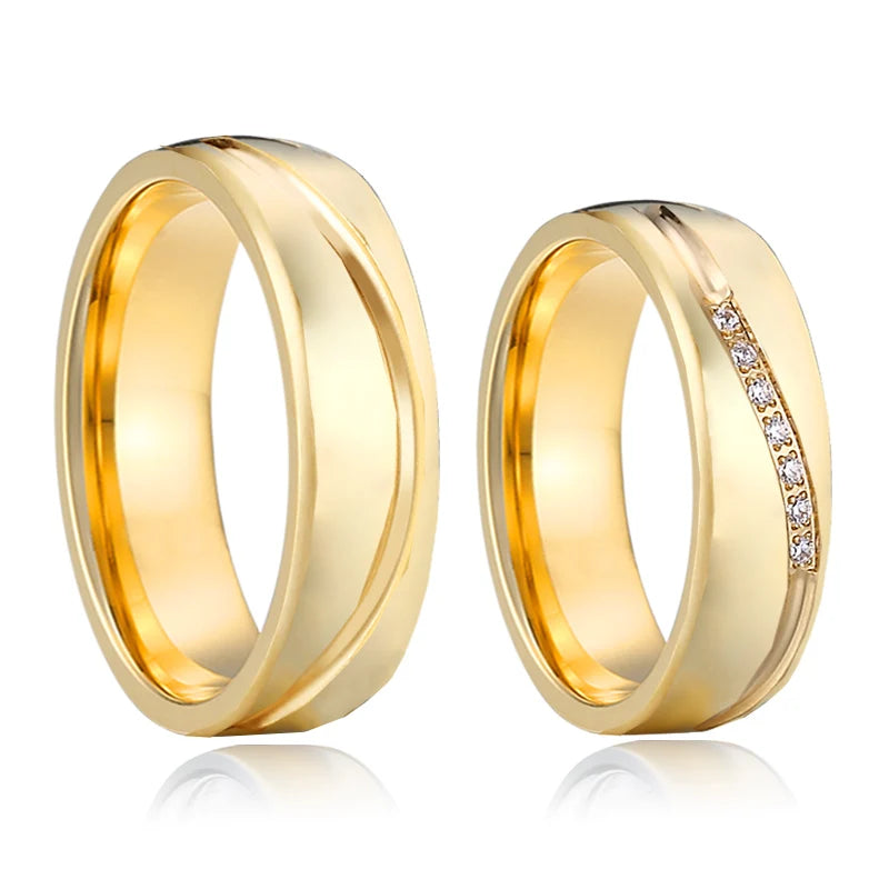 Wedding Rings Couple Sets for Men and Women Lovers Alliance Shiny 1 Pair 14K Gold Plated Stainless Steel Jewelry Marriage Ring