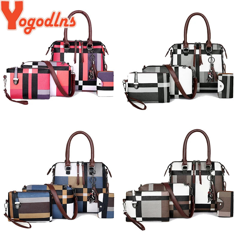 Luxury Handbags Plaid Women Bags Designer New Tassel Purses and Handbags Set 4 Pieces Bags Female Feminina Travel Tote