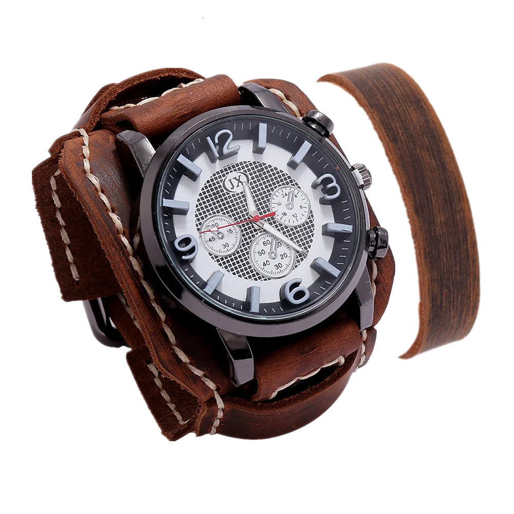 Men Watch Luxury Watch Quartz Wristwatches Big Dial Watch Retro Vintage Punk Style Watch Men Leather Strap Bracelet Men Gift Set