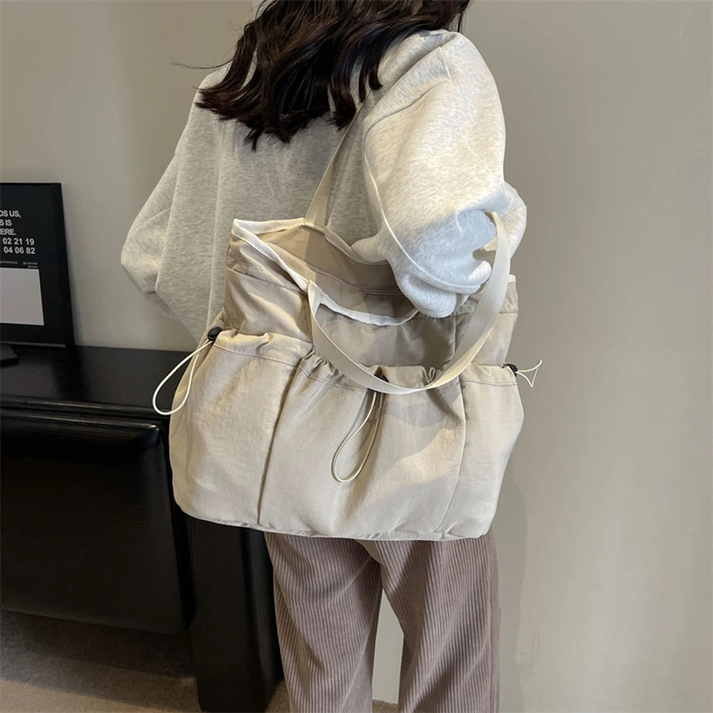 Women Drawstring Tote Bag All-Match Nylon Shoulder Bag Large Capacity Underarm Bag Casual Satchel Bag Shopper Bag