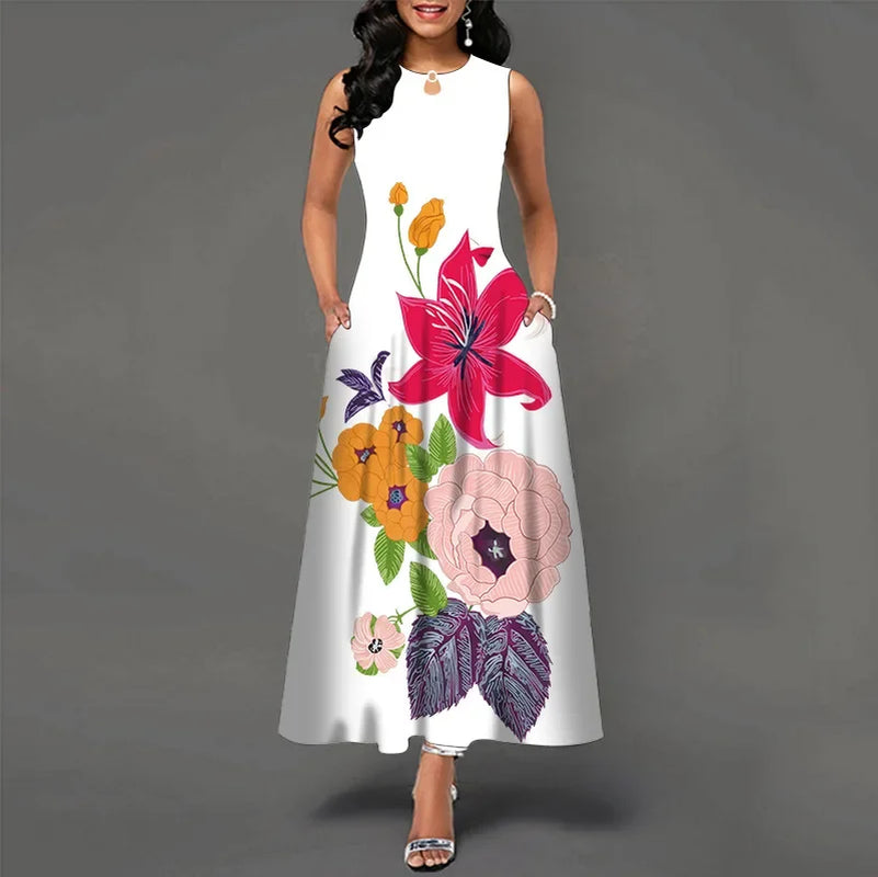 Flower Print New Casual Sleeveless Long Dress Women'S V-Neck Printed Dress Swing Bohemian Retro Dresses