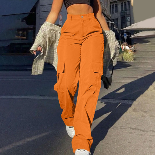 2024 Trendy Women Wide Leg Cargo Pants Street Vibes Flap Pockets Drawstring Ruched High Waist Parachute Women Pants