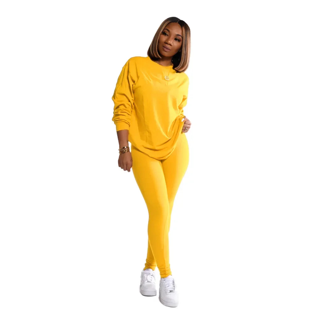 Active Sweatsuit Two 2 Piece Set Women Winter Fitness Outfit Crewneck Sweatshirt + Legging Pants Matching Tracksuit