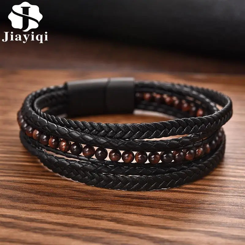 Fashion Natural Stone Beads Men Bracelet Multilayer Leather Bracelet Punk Jewelry Stainless Steel Magnetic Clasp Bangles