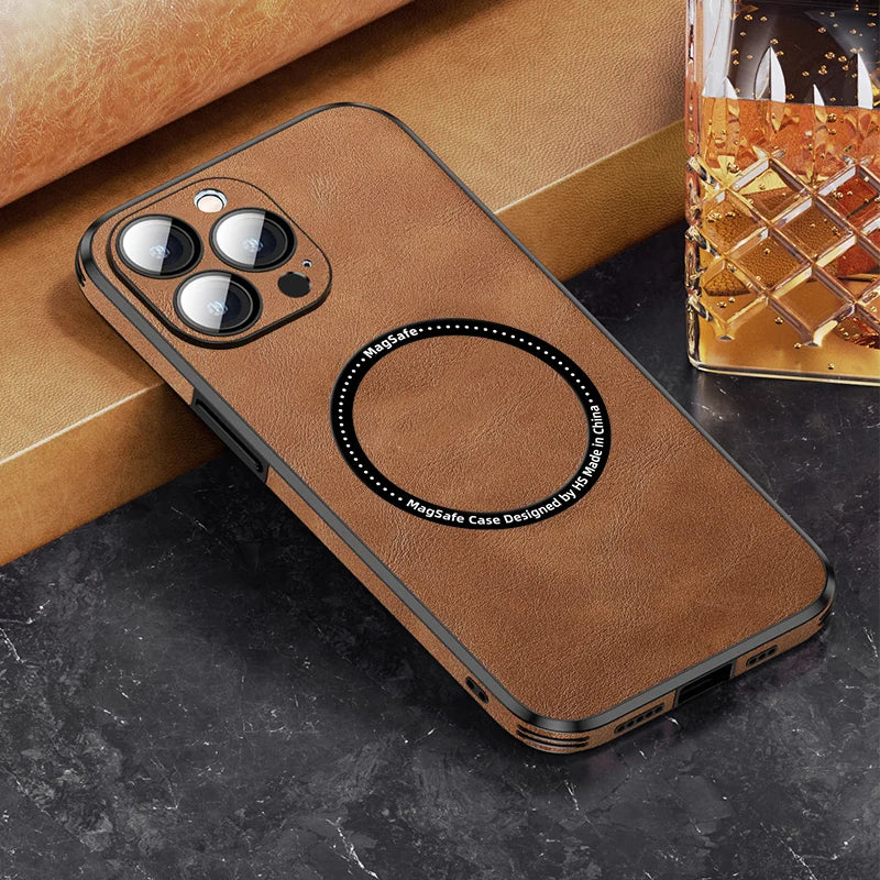 Luxury Magnetic Leather Phone Case for  14 13 12 11 15 Pro Max Mobile Cover Magsafe Lens Protection Wireless Charging