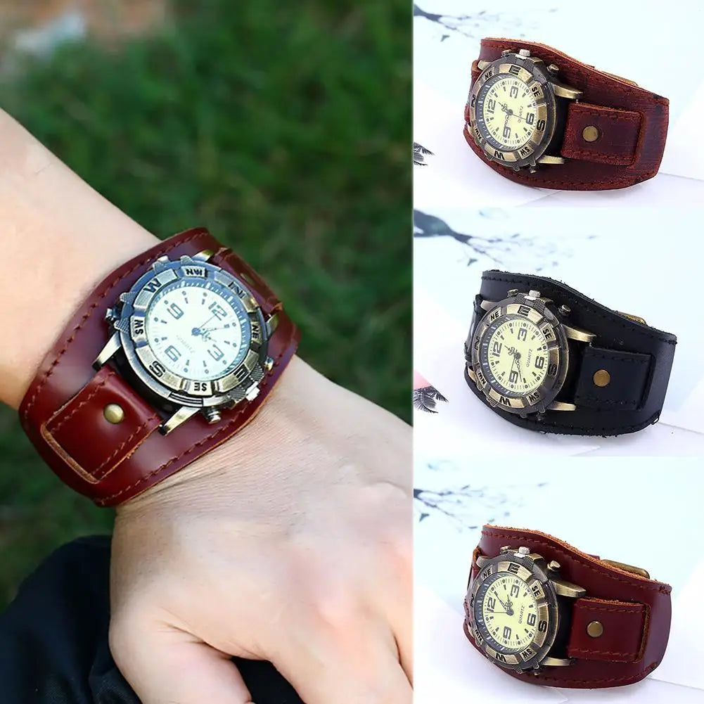 Vintage Women Men Punk Faux Leather round Dial Quartz Bracelet Wrist Watches