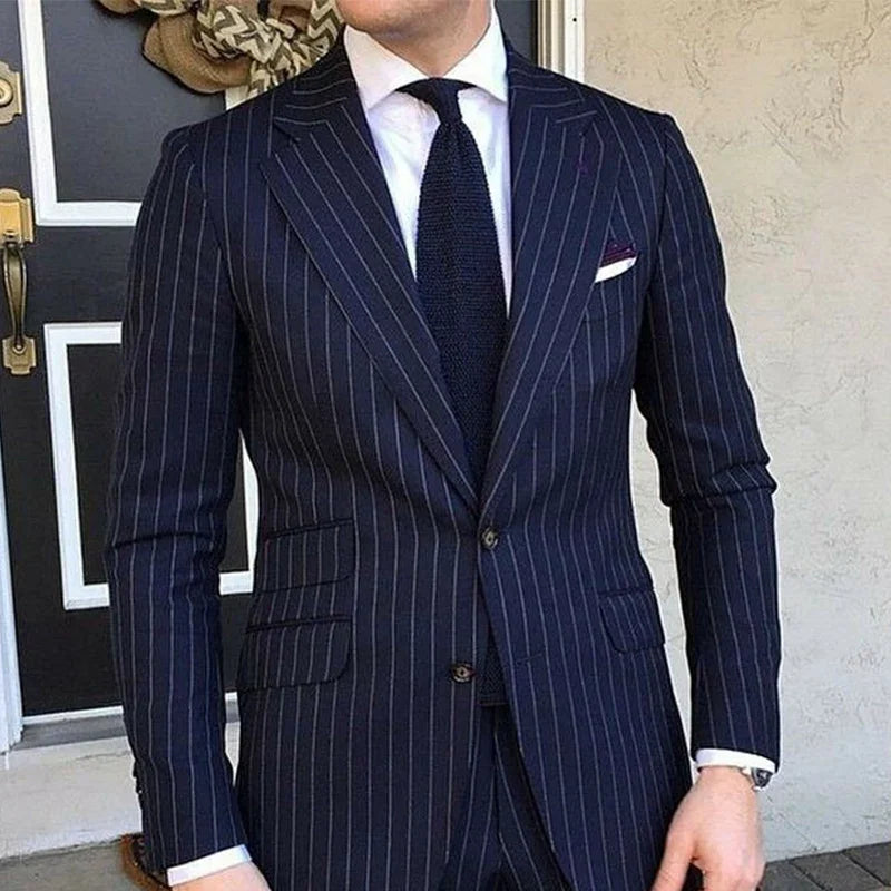 Pinstripe Slim Fit Men Suits for Formal Wedding Tuxedo Notched Lapel 2 Pcs Navy Blue Striped Business Groom Male Fashion