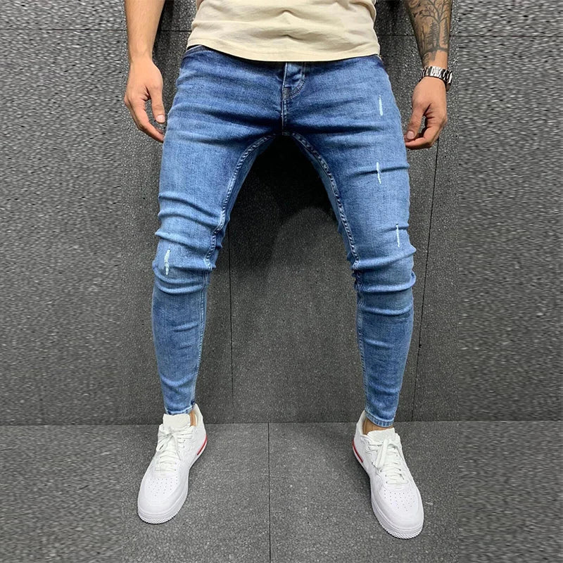 Fashion Street Style Ripped Skinny Jeans Men Vintage Wash Solid Denim Trouser Mens Casual Slim Fit Pencil Denim Pants Hot Sale